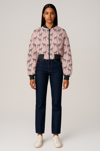 TROPICAL LEAVES & ZEBRAS CROPPED BOMBER JACKET MULTI