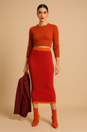 Two Colour Easy Care Merino Wool Women's Pencil Skirt Scarlet