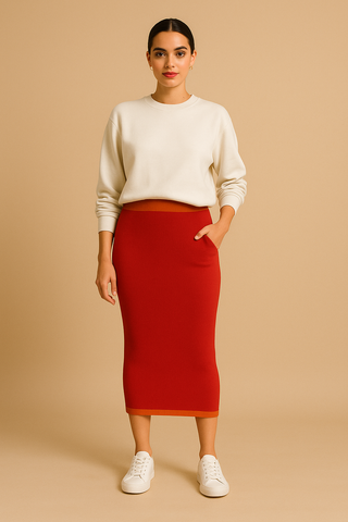 Two Colour Easy Care Merino Wool Women's Pencil Skirt Scarlet