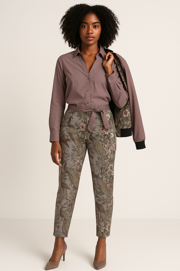 ANTIQUE STYLE BIRD PATTERN WOMEN'S BELTED TAPERED PANTS RUSTIC PINK