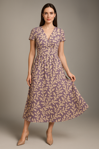 WHIMSICAL FLORALS WOMEN'S SHORT SLEEVE V NECK MIDI DRESS MULTI
