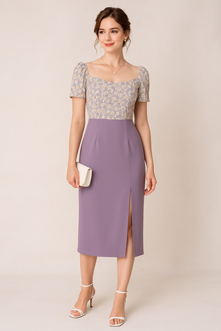 DELICATE WILDFLOWER SPLIT THIGH MIDI BODYCON DRESS WATERFALL LILAC