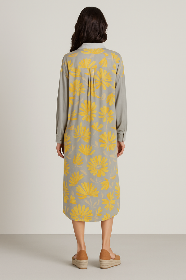 YELLOW GREY FLOWERS WOMEN'S LONG SHIRT DRESS COIN GREY