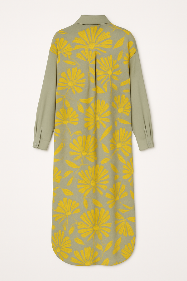 YELLOW GREY FLOWERS WOMEN'S LONG SHIRT DRESS COIN GREY