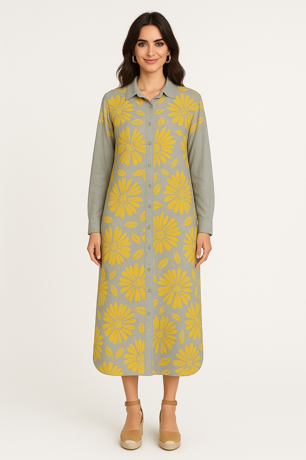 YELLOW GREY FLOWERS WOMEN'S LONG SHIRT DRESS COIN GREY
