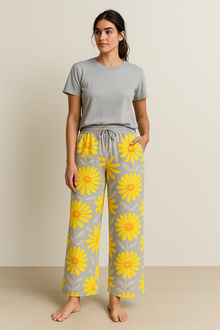 YELLOW GREY FLOWERS WOMEN'S STRAIGHT LEG CASUAL TROUSERS COIN GREY