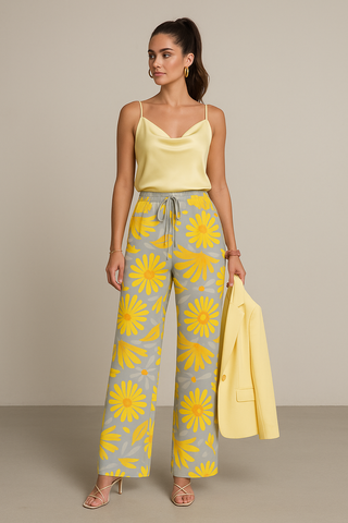 YELLOW GREY FLOWERS WOMEN'S STRAIGHT LEG CASUAL TROUSERS COIN GREY