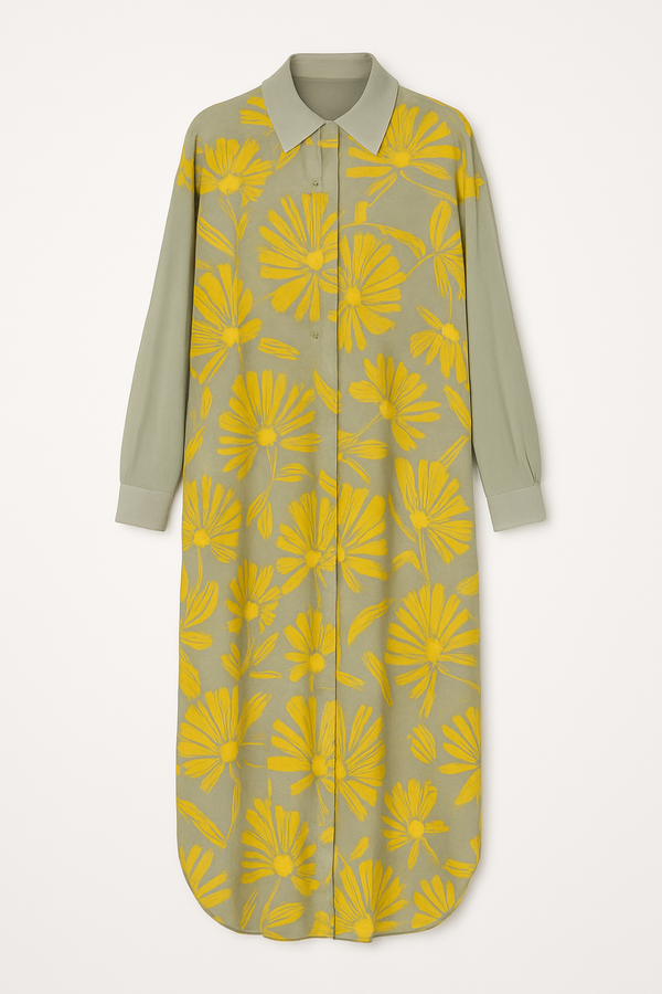YELLOW GREY FLOWERS WOMEN'S LONG SHIRT DRESS COIN GREY