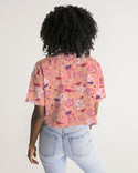 VINTAGE ABSTRACT FLORAL AND BIRDS WOMEN LOUNGE CROPPED TEE LIGHT SALMON