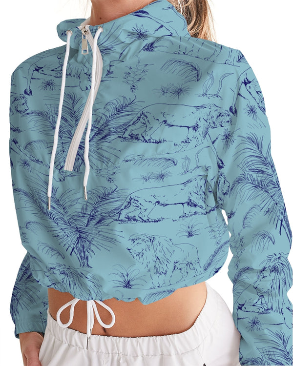 PALM TREES AND LIONS WOMEN CROPPED WINDBREAKER CORAL BLUE