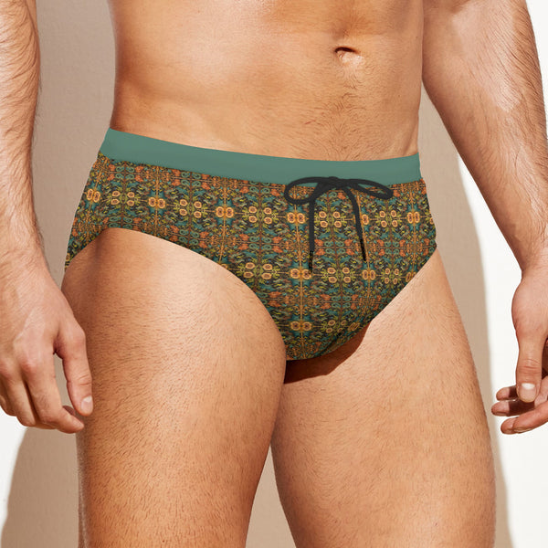 COLOURFUL DRAGONS MEN'S DRAWSTRING SWIM BRIEFS VINTAGE FERN