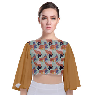 ABSTRACT TIGER PATTERN TIE BACK BUTTERFLY SLEEVE CHIFFON TOP DEEP MUSTARD