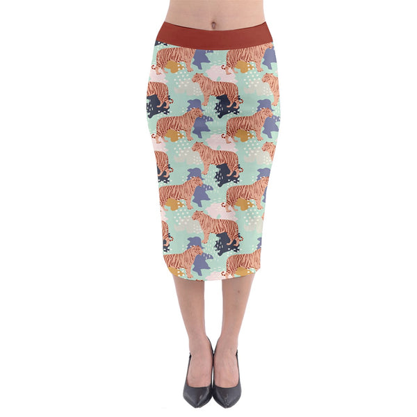 ABSTRACT TIGER PATTERN MIDI PENCIL SKIRT RUSTIC CHERRY