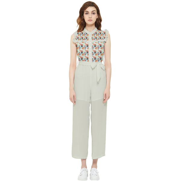 ABSTRACT TIGER PATTERN  WOMEN FRILL TOP JUMPSUIT PALELIT GREY