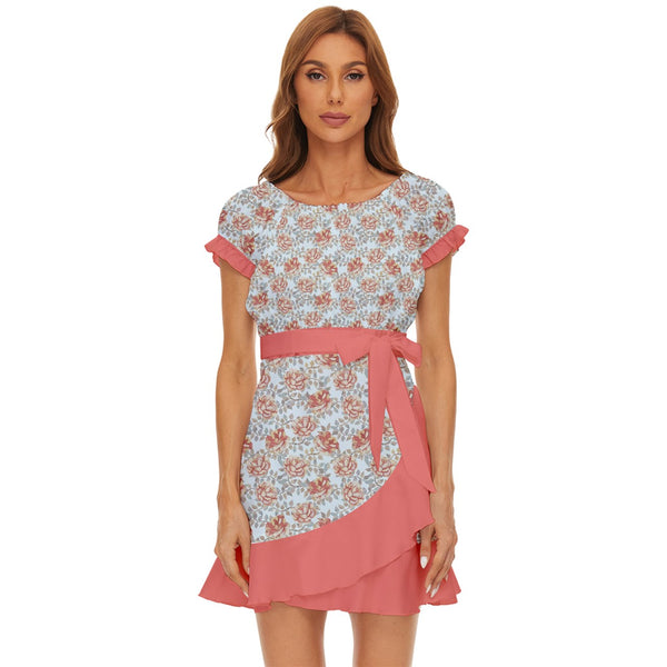 WATER COLOUR FLOWERS PUFFE SLEEVE FRILL DRESS VIBRANT CORAL
