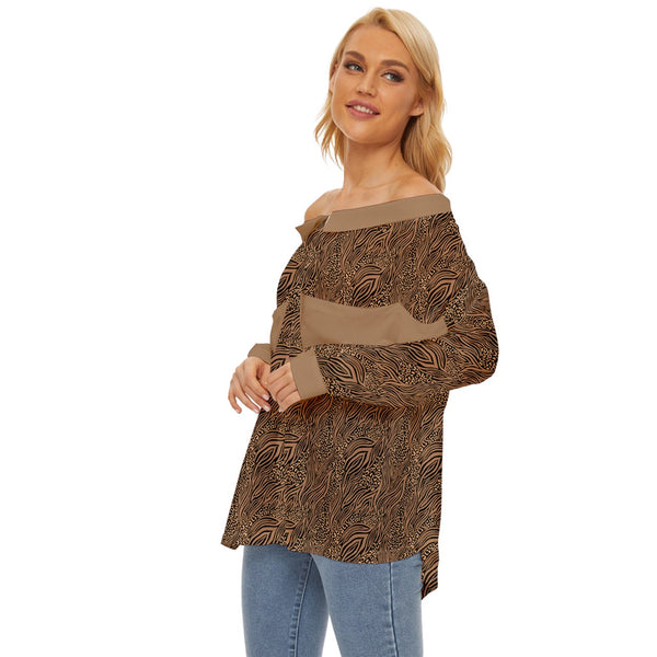 ABSTRACT ANIMAL PRINT OFF SHOULDER CHIFFON POCKET SHIRT CARAMEL