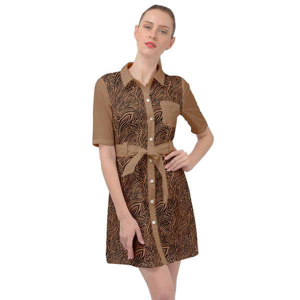 ABSTRACT ANIMAL PRINT BELTED SHIRT DRESS CARAMEL