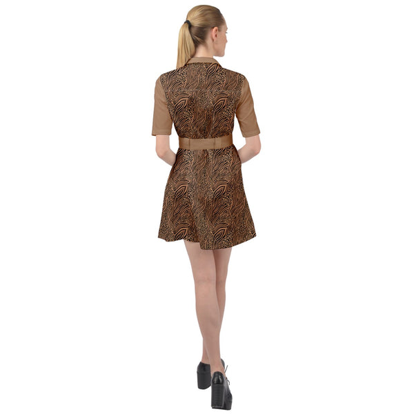 ABSTRACT ANIMAL PRINT BELTED SHIRT DRESS CARAMEL