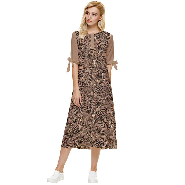 ABSTRACT ANIMAL PRINT BOW SLEEVE CHIFFON MIDI DRESS CARAMEL