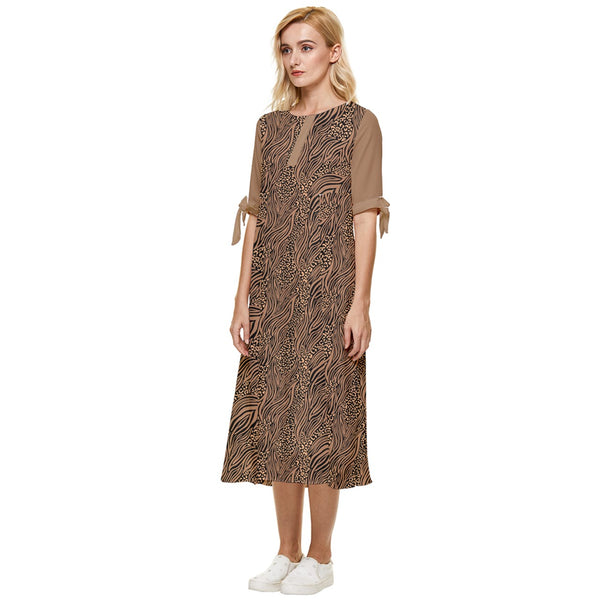 ABSTRACT ANIMAL PRINT BOW SLEEVE CHIFFON MIDI DRESS CARAMEL