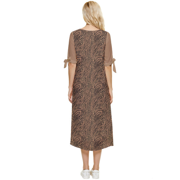 ABSTRACT ANIMAL PRINT BOW SLEEVE CHIFFON MIDI DRESS CARAMEL