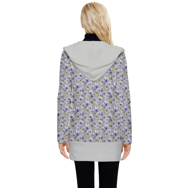 PRETTY LILAC FLOWERS BUTTON UP HOODED COAT PASTEL GREY