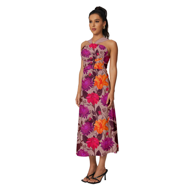 BRIGHT FLOWERS SLEEVELESS CROSS FRONT COCKTAIL MIDI CHIFFON DRESS MINK PINK