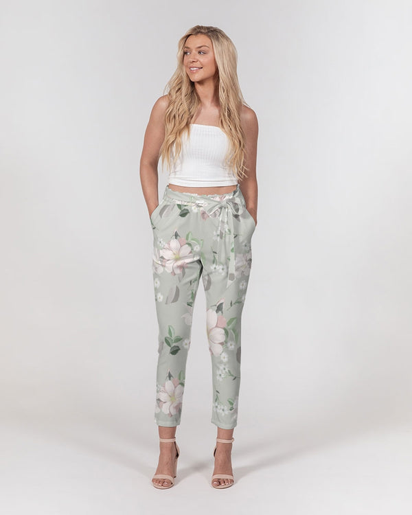 BEAUTIFUL FLORAL PATTERN WOMENS BELTED TAPERED PANTS PLATINUM SILVER