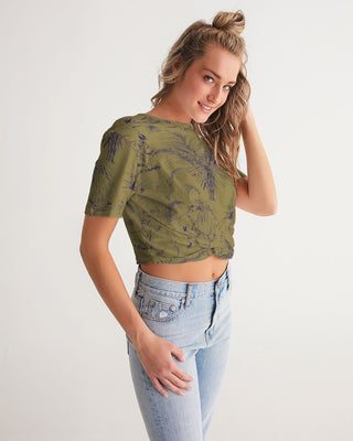 PALM TREES AND LIONS WOMENS TWIST-FRONT CROPPED TEE LIGHT OLIVE