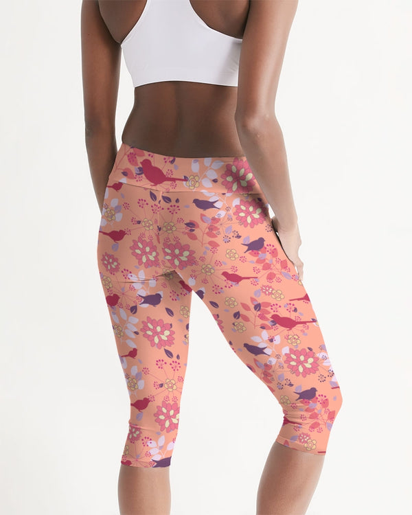 VINTAGE ABSTRACT FLORAL AND BIRDS MID-RISE CAPRI LEGGINGS LIGHT SALMON