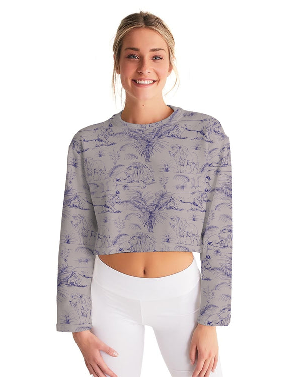 PALM TREES AND LIONS WOMEN CROPPED SWEATSHIRT LIGHT SILVER
