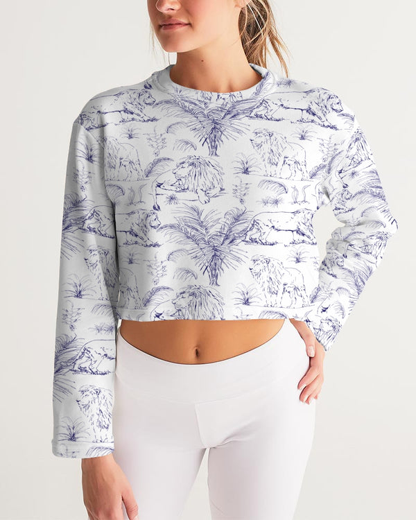 PALM TREES AND LIONS WOMEN CROPPED SWEATSHIRT WHITE
