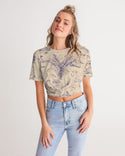 PALM TREES AND LIONS WOMEN TWIST FRONT CROPPED TEE ECRU