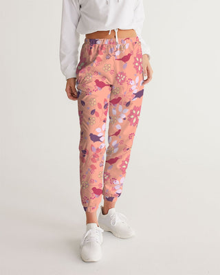 VINTAGE ABSTRACT FLORAL & BIRDS WOMEN TRACK PANTS LIGHT SALMON