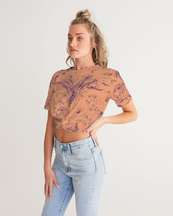 PALM TREES AND LIONS WOMEN TWIST FRONT CROPPED TEE LIGHT TANGERINE