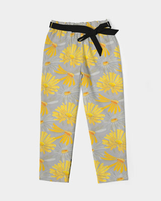 YELLOW GREY FLOWERS WOMEN'S BELTED TAPERED PANTS BLACK