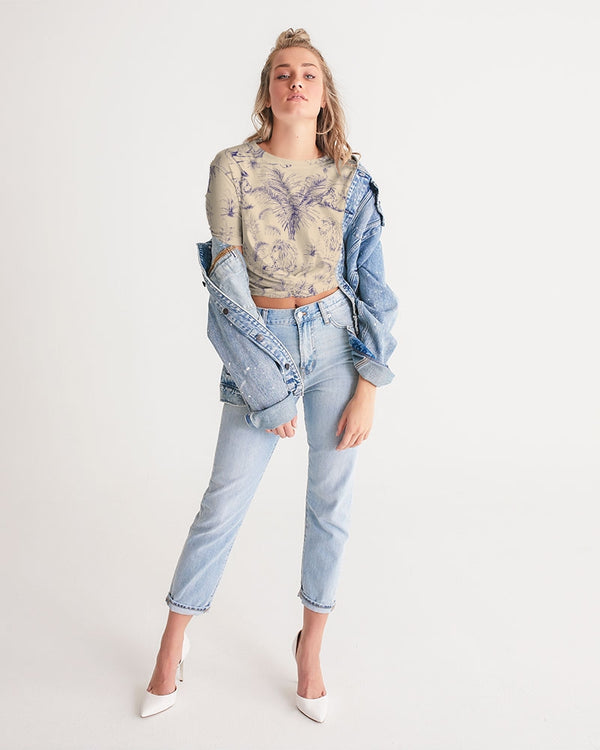 PALM TREES AND LIONS WOMEN TWIST FRONT CROPPED TEE ECRU