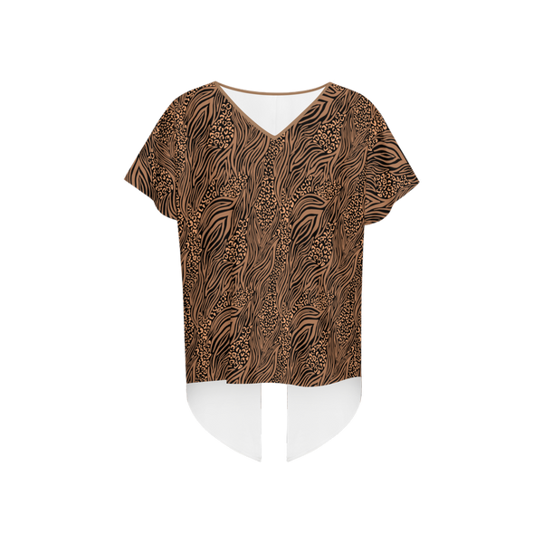LIMITED EDITION ABSTRACT ANIMAL PRINT WOMEN'S OPEN BACK SHORT SLEEVE T-SHIRT CARAMEL