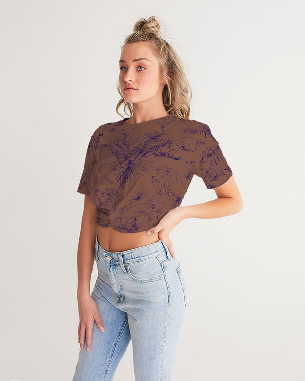 PALM TREES AND LIONS WOMEN TWIST FRONT CROPPED TEE COPPER