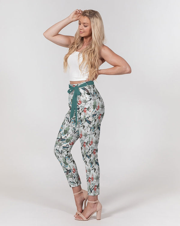BIRDS & FLORAL WOMEN'S BELTED  TAPERED  PANTS DEEP TEAL