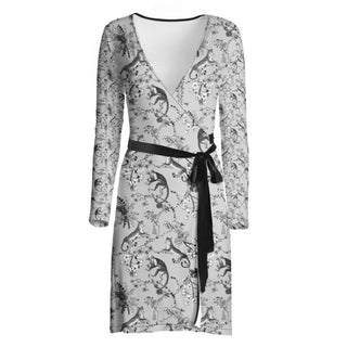 LIMITED EDITION CLASSIC TOILE PATTERN BLACK ON GREY WRAP DRESS GREY