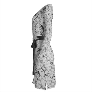 LIMITED EDITION CLASSIC TOILE PATTERN BLACK ON GREY WRAP DRESS GREY
