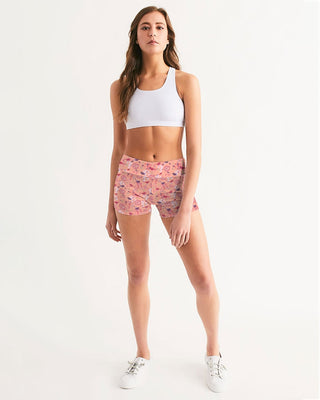 VINTAGE ABSTRACT FLORAL AND BIRDS MID RISE YOGA SHORTS LIGHT SALMON
