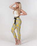 YELLOW GREY FLOWERS WOMEN'S BELTED TAPERED PANTS BLACK