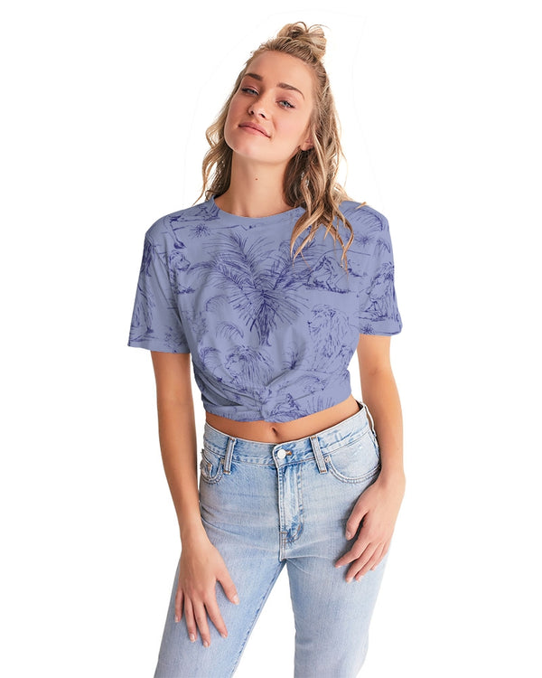 PALM TREES AND LIONS WOMEN TWIST FRONT CROPPED TEE LAVENDER MIST