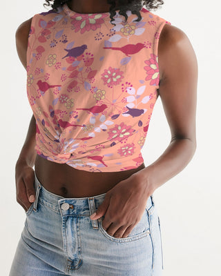 VINTAGE ABSTRACT FLORAL AND BIRDS WOMEN TWIST FRONT TANK LIGHT SALMON