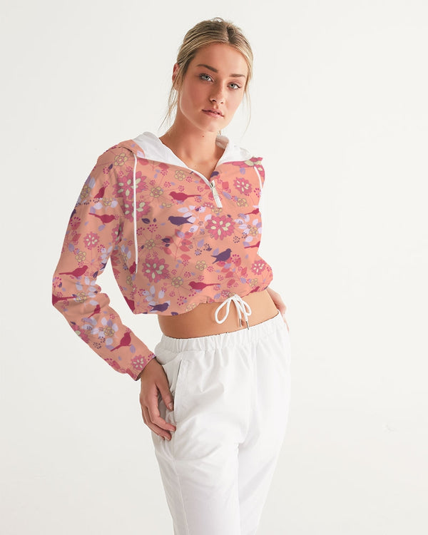 VINTAGE ABSTRACT FLORAL AND BIRDS CROPPED WINDBREAKER LIGHT SALMON