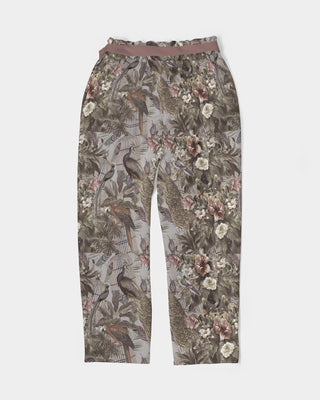 ANTIQUE STYLE BIRD PATTERN WOMEN'S BELTED TAPERED PANTS RUSTIC PINK