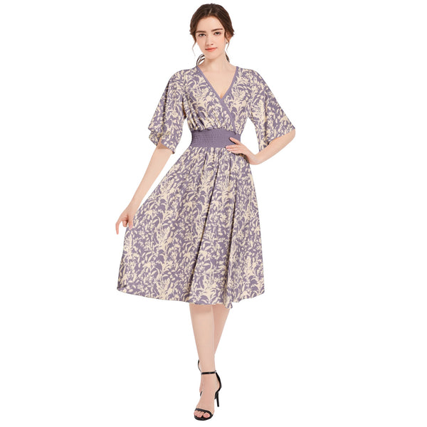 whimiscal florals Butterfly Sleeve Shirred High Waist A Line Midi Dress clover