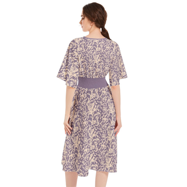 whimiscal florals Butterfly Sleeve Shirred High Waist A Line Midi Dress clover
